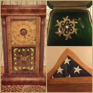 Heirloom items pin, flag, clock tell the story of family objects