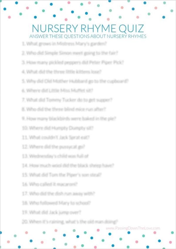 A Printable Nursery Rhyme Shower Game, Instructions and Key Passing